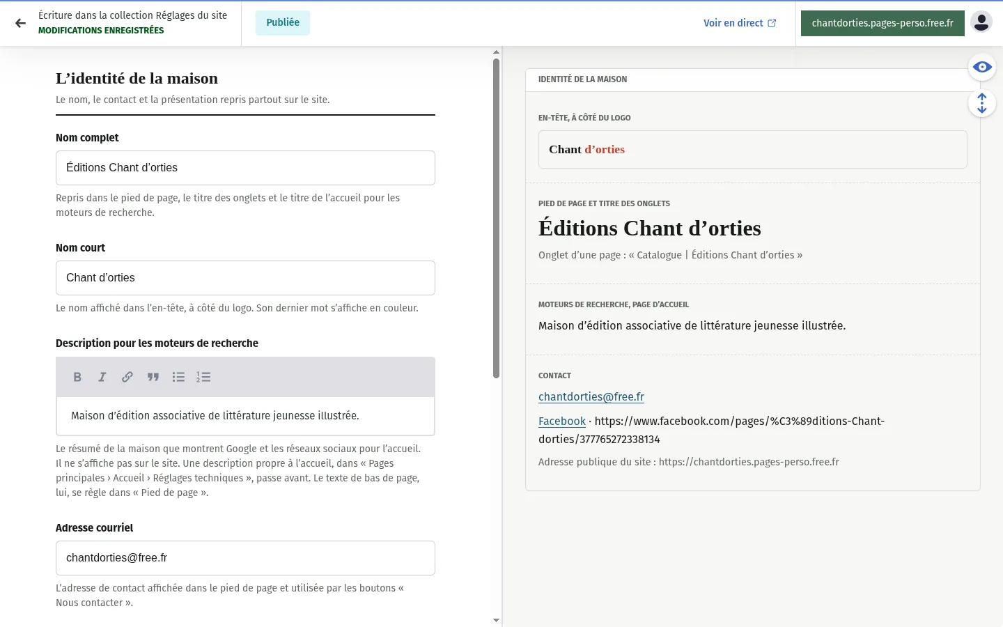 Les sept écrans de réglage du site