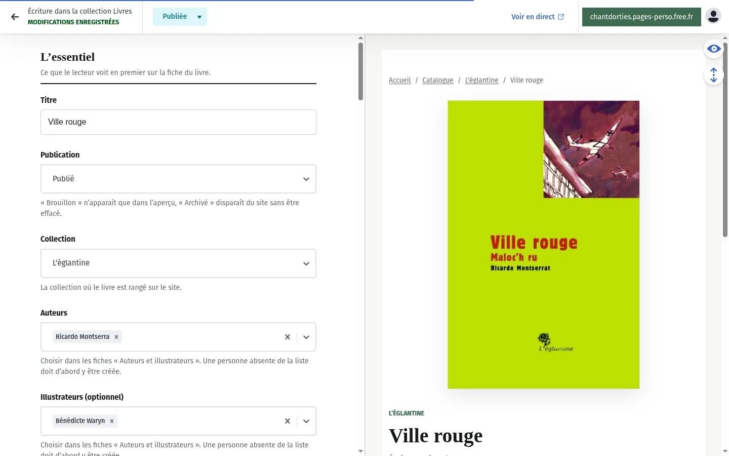 Fiche d’un livre avec les champs à gauche et l’aperçu à droite